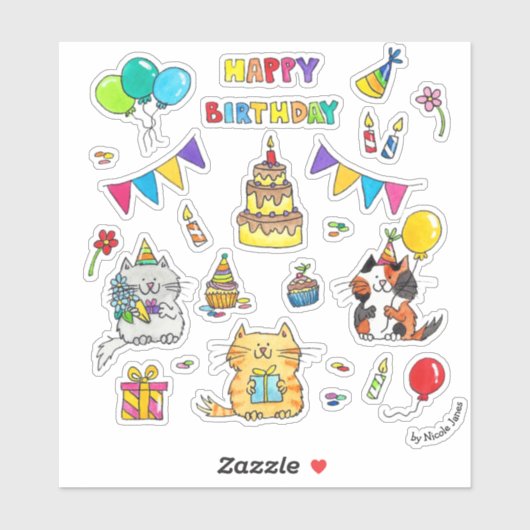Joyeux Anniversaire stickers Chat par Nicole Janes (Feuille)