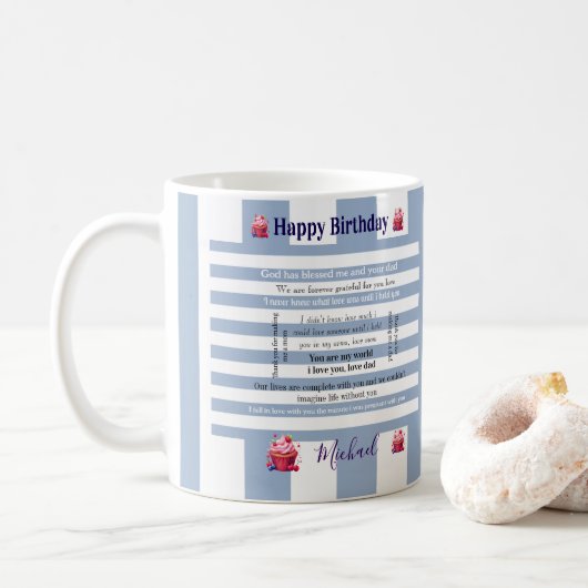 Joyeux Anniversaire Tasse Rayée Bleue et Blanche (Avec donut)
