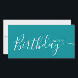 Joyeux Anniversaire Turquoise blanc moderne carte<br><div class="desc">Cette carte à plat moderne et élégante est dotée d'un texte blanc Happy Birthday à l'avant et à l'arrière personnalisez-le avec votre nom ou votre nom de famille. L'arrière - plan est de couleur turquoise.</div>
