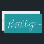Joyeux Anniversaire Turquoise blanc moderne carte<br><div class="desc">Cette carte à plat moderne et élégante est dotée d'un texte blanc Happy Birthday à l'avant et à l'arrière personnalisez-le avec votre nom ou votre nom de famille. L'arrière - plan est de couleur turquoise.</div>