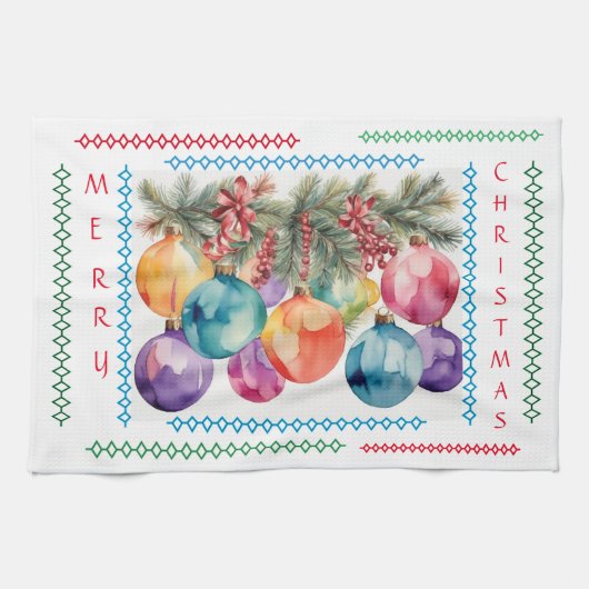 Joyeux Arbre de Noël Ornements Serviette de cuisin (Horizontal)