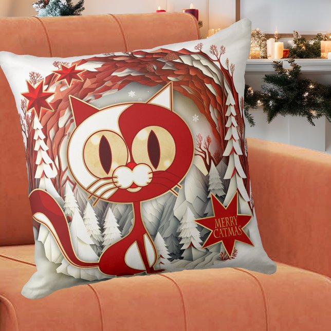 Joyeux Artiste Catmas Kitty Coussin de Noël (A whimsical Christmas pillow featuring a cute kitty on a Christmas wreath with festive red stars)