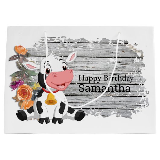 Joyeux Bébé Vache Rustique Gris Grand Sac Cadeau (Devant)