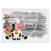 Joyeux Bébé Vache Rustique Gris Grand Sac Cadeau (Dos)