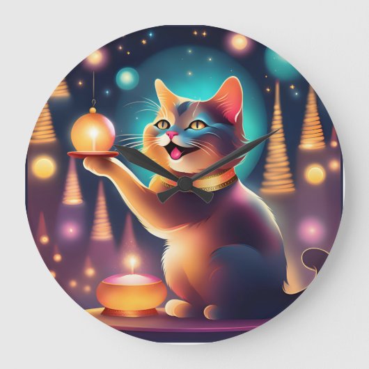 Joyeux chat célébrant Noël, horloge murale (Recto)