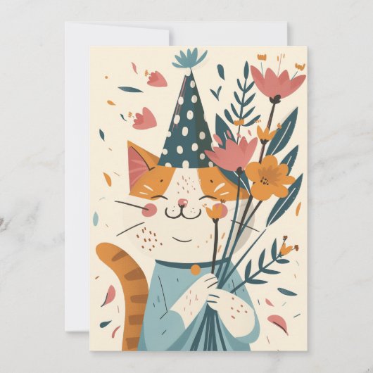 Joyeux Chat D'Anniversaire Avec Carte Fleurs (Devant)
