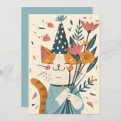 Joyeux Chat D'Anniversaire Avec Carte Fleurs (Devant / Derrière)