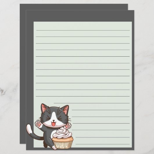 Joyeux chat gris avec cupcake, papier d'écriture d (Devant / Derrière)