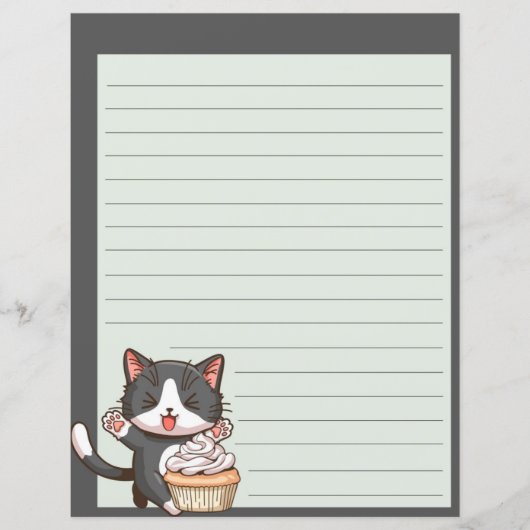 Joyeux chat gris avec cupcake, papier d'écriture d (Devant)