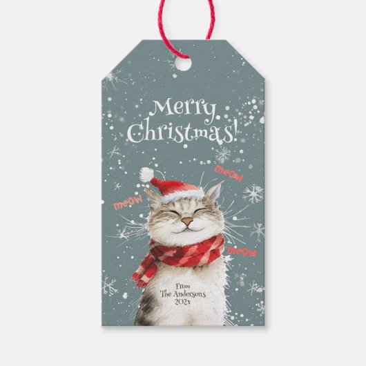 Joyeux Chat Joyeux Noël Étiquette Cadeau (Devant)