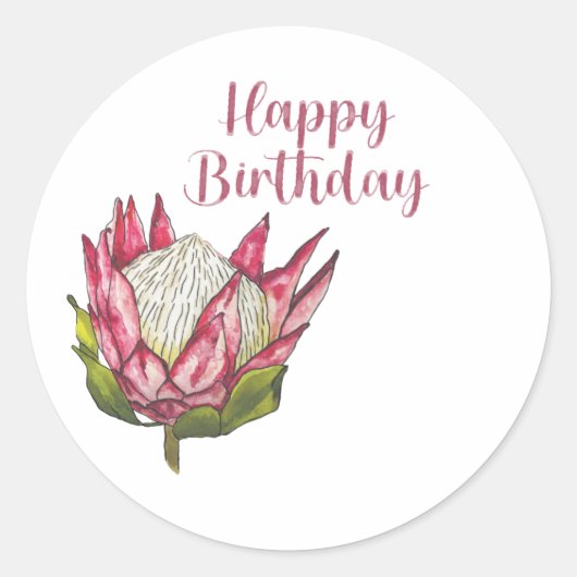 Joyeux Étiquette d'aquarelle d'anniversaire Protea (Devant)