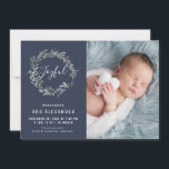 JOYEUX | faire-part de naissance des fêtes de la c<br><div class="desc">Thème bleu avec une couronne d'hiver et texte de script de vacances et une photo du nouveau-né.</div>