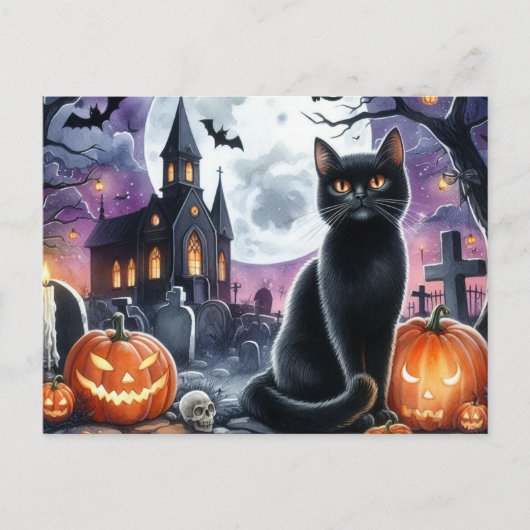 Joyeux Halloween Carte Postale Chat Noir Effrayant (Devant)