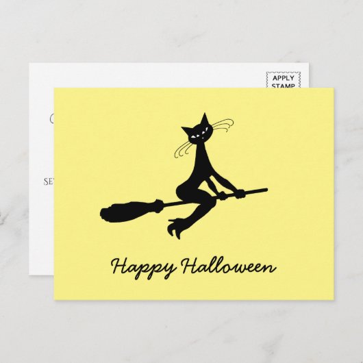 Joyeux Halloween, Chat Sur Invitation Broomstick (Devant / Derrière)