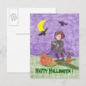 Joyeux Halloween Sorcière Enfant Carte Postale ! (Devant / Derrière)