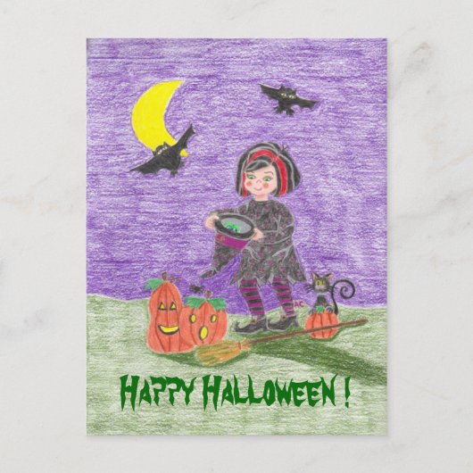 Joyeux Halloween Sorcière Enfant Carte Postale ! (Devant)