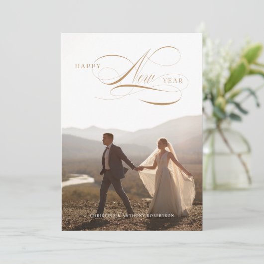 Joyeux Jour de l'An Script Holiday Carte photo com (Debout devant)