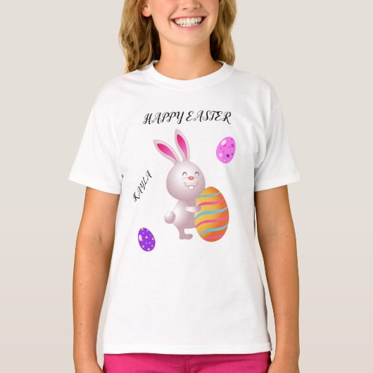 Joyeux lapin de Pâques et t-shirt aux oeufs rayés. (Devant)