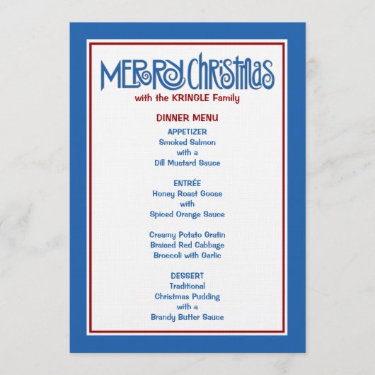 Joyeux menu du dîner bleu Noël (Devant)