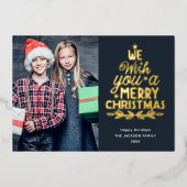 Joyeux Noël 3 photos famille Foil Carte de vacance (Recto)