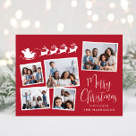 Joyeux Noël 5 Photo Collage Père Noël Sleigh<br><div class="desc">Carte de vacances rouge festive avec un collage photo de 5 images éparpillées dans des cadres blancs, une silhouette blanche de rennes volant le traîneau à Père Noël, "Joyeux Noël" dans un script blanc élégant et votre nom dans une simple typographie blanche moderne. Au verso, customisez votre message ou laissez...</div>