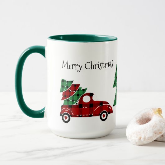 Joyeux Noël Antique Camion Rouge Vert Mug (Avec donut)