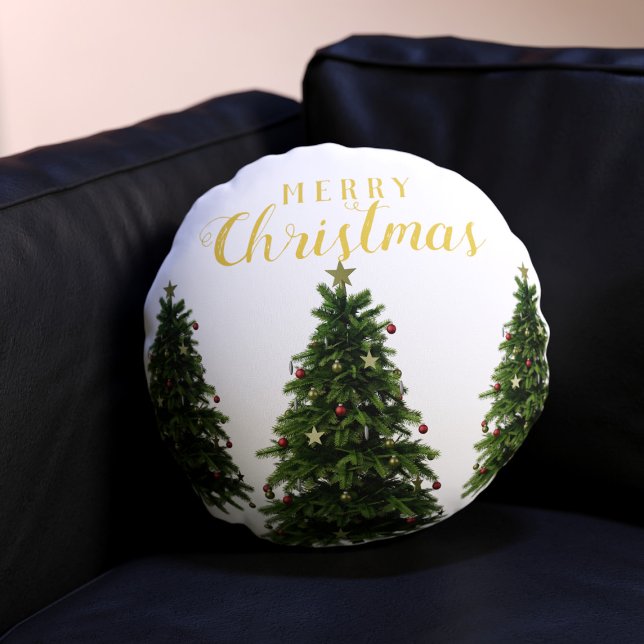 Joyeux Noël Arbres Hiver Blanc Coussin rond (A classic Christmas tree round pillow just for you. Merry Christmas!)