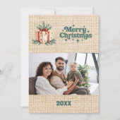 Joyeux Noël beige burlap rétro carte photo (Devant)