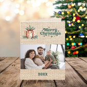 Joyeux Noël beige burlap rétro carte photo