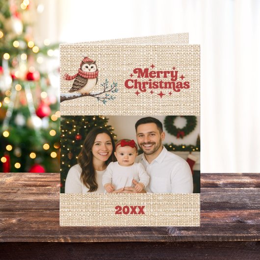 Joyeux Noël beige burlap rétro hibou carte photo