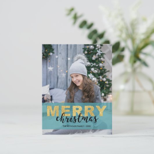 Joyeux Noël bleu or moderne - Carte photo (Debout devant)