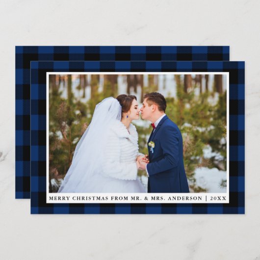 Joyeux Noël bleu Plaid Mariage Carte photo (Devant / Derrière)