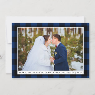 Joyeux Noël bleu Plaid Mariage Carte photo