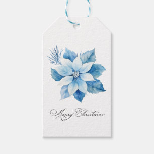 Joyeux Noël Bleu Poinsettia étiquette cadeau