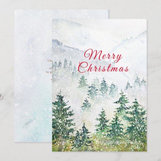 Joyeux Noël carte de forêt de pins enneigés (Devant / Derrière)