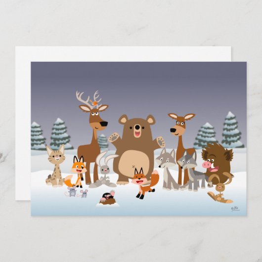Joyeux Noël! Carte d'invitation Animaux mignons (Devant / Derrière)