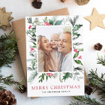Joyeux Noël Carte photo de verdure<br><div class="desc">Joyeux Carte photo de Noël et photo customisée et nom avec Holiday Greenery,  Holly Berries et Arrière - plan rouge.</div>
