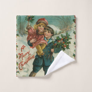 Joyeux Noël - carte postale rétro, enfants, houx