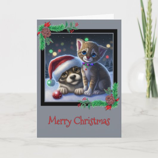 Joyeux Noël Chiot et Kitten Carte de voeux (Devant)