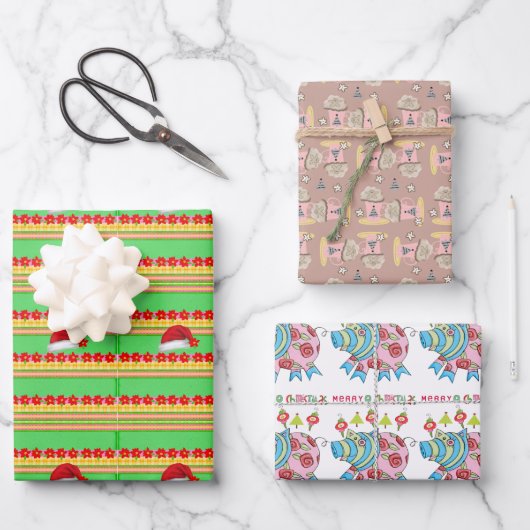Joyeux Noël Cochon Feuilles papier enveloppant caf (Recto)
