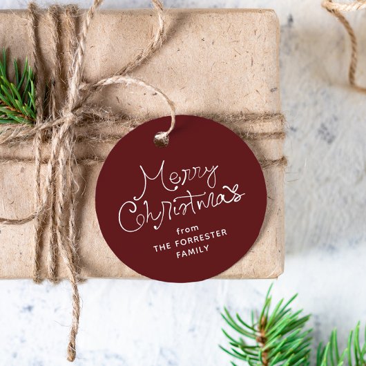 Joyeux Noël étiquette cadeau bordeaux écriture fan