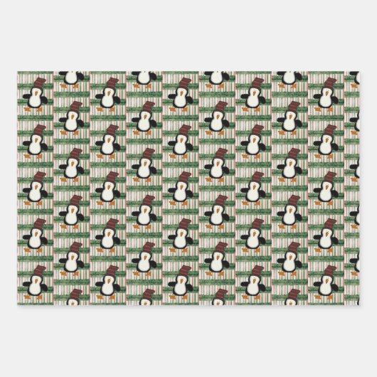 Joyeux Noël Feuilles Enveloppant Pingouin Papier (Devant 3)