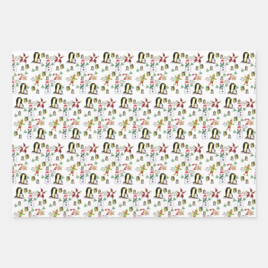 Joyeux Noël Feuilles Enveloppant Pingouin Papier (Devant 2)