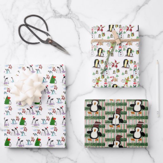 Joyeux Noël Feuilles Enveloppant Pingouin Papier (Recto)