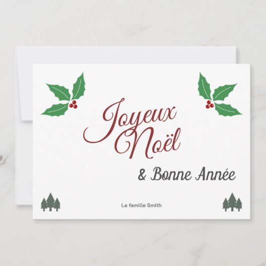 Joyeux Noël, Frans Vrolijk Kerstfeest met Holly Feestdagenkaart (Voorkant)