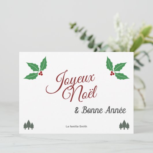 Joyeux Noël, Frans Vrolijk Kerstfeest met Holly Feestdagenkaart (Staand voorkant)
