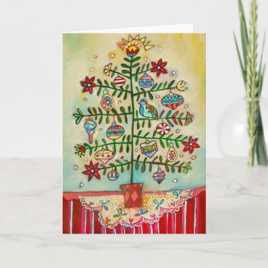 Joyeux Noël Illustré Folk Tree Carte de vacances (Devant)