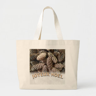Joyeux Noel Kerstmis Vakantie Pine Cone Grote Tote Bag
