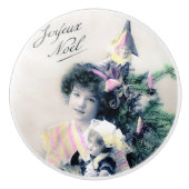  Joyeux Noël met meisje en pop Keramische Knop (Voorkant)