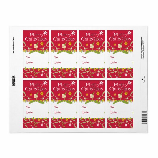 Joyeux Noël mistletoe étiquette cadeau rouge (à/ai (Feuille entière)